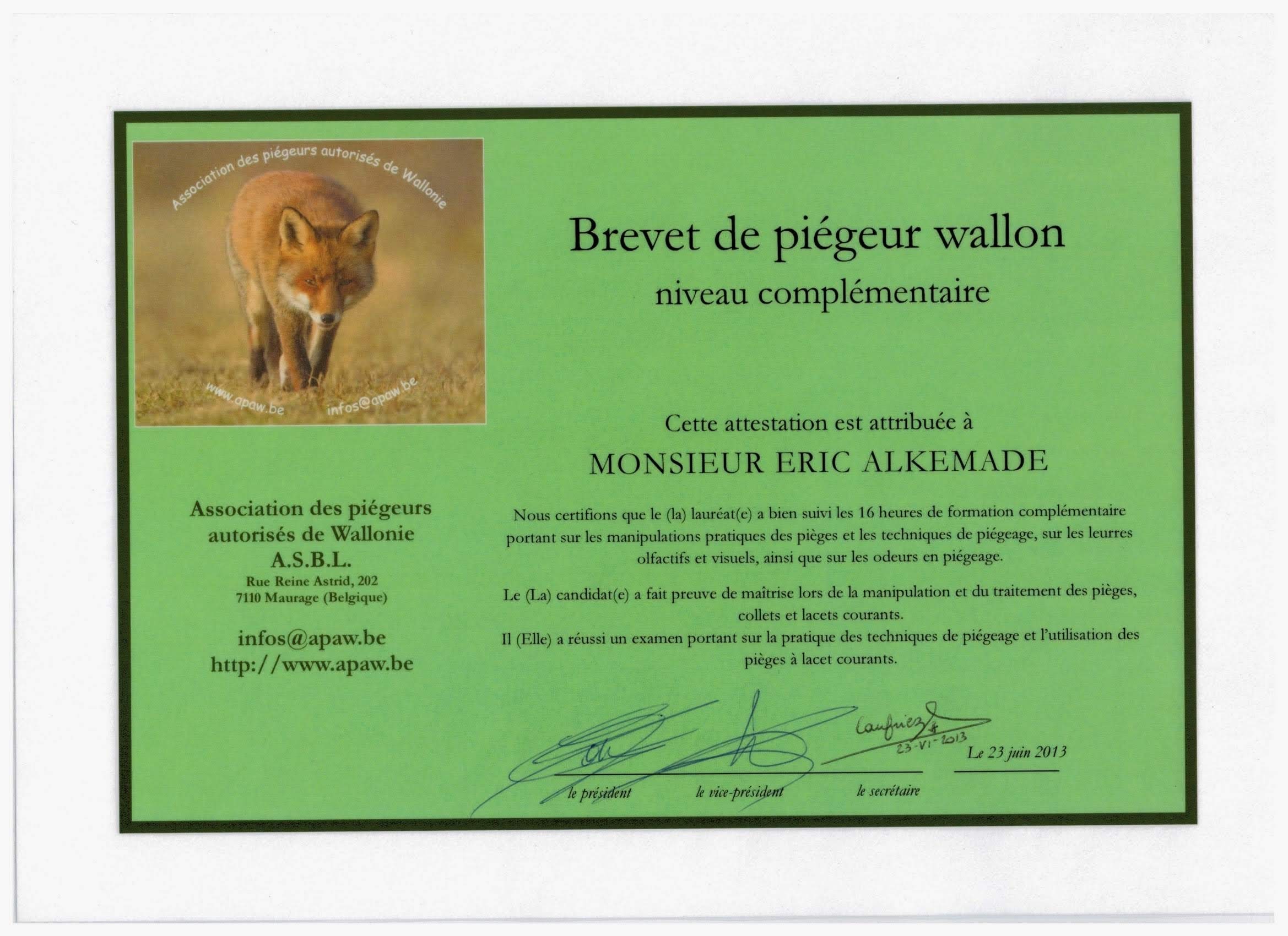 Brevet de piégeur agréé